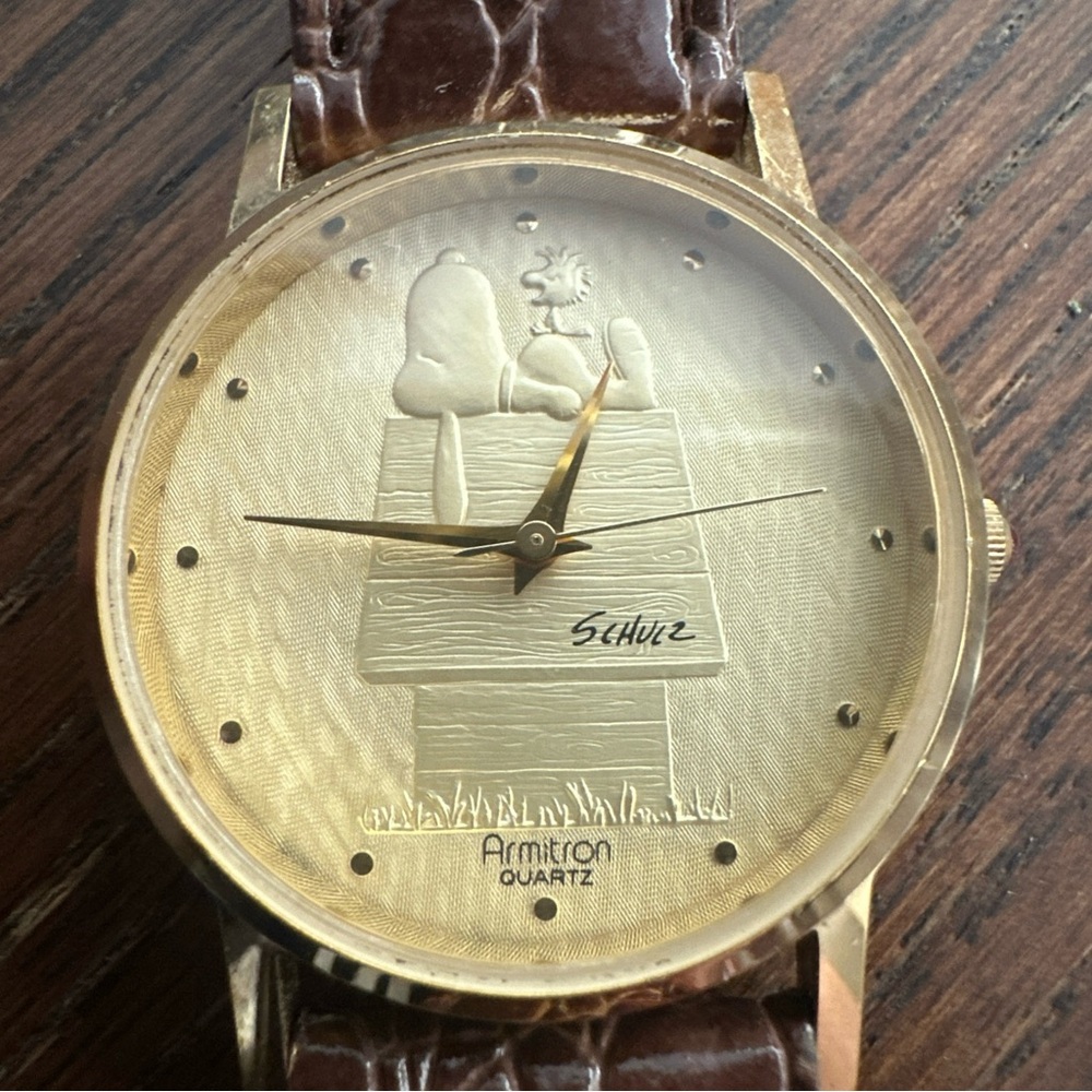 Armitron Gold-tone Watch with Brown Strap and Snoopy Relief
